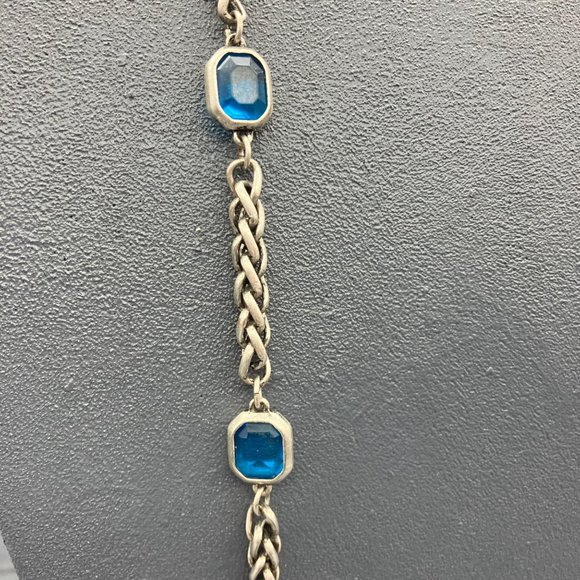 Chicos Long Necklace As Is Silver Chain Teal Blue Faceted Bezel Bead Retro BoHo - Picture 3 of 12